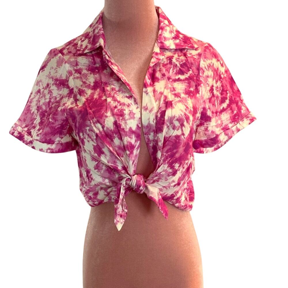 NWT For Love & Lemons Pink White S/S Top Blouse Cropped Tie Front 100% Bamboo S